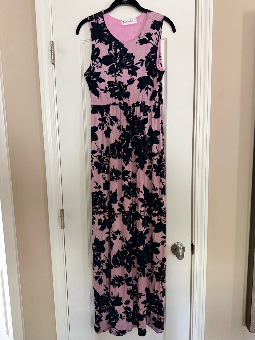 Sleeveless Pink Maxi Dress with Navy Floral Print
